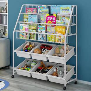 简易铁艺儿9871童书架宝玩具绘本收纳宝整理归柜子储架纳物带轮置