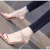 33小码 简约风一字带露趾凉鞋 裸色细跟高跟鞋 女2025年夏季 新款