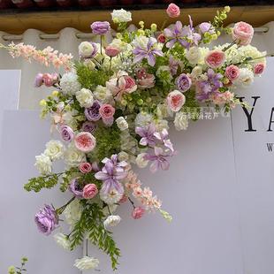 仿真花森系粉紫地排花排千代兰婚庆背景装饰布置路引花订婚宴花艺