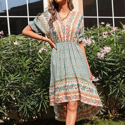 Geometric floral print green dress
