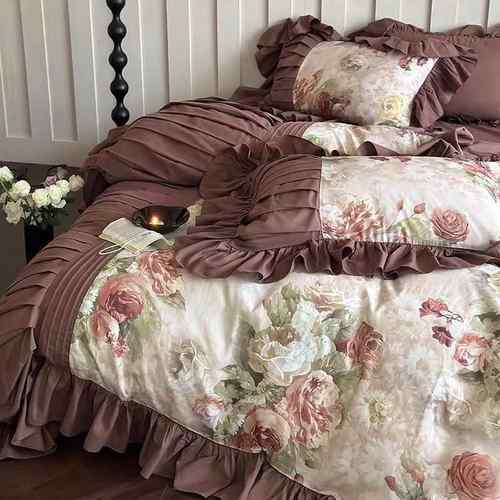 1法式纯棉100S天丝棉磨毛四件套花卉印花褶皱花边被套床单床上用