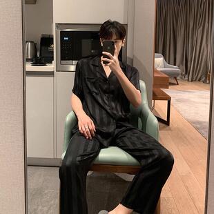 男士春秋冰丝睡衣男长裤短袖套装男款大尺码加肥加大条纹夏季家居