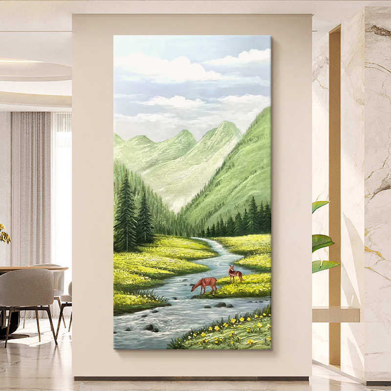 山水风景纯手绘油画奶油风玄关装饰画客厅餐厅小鹿饮水肌理画挂画