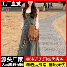 美式复古流苏牛仔背带裙女夏季学院风小个子显瘦长裙子吊带连衣裙