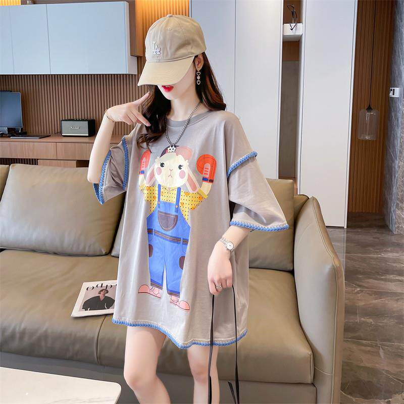 夏季孕妇中长款遮屁股t恤卡通洋气减龄夏装遮肚短袖女ins慵懒风