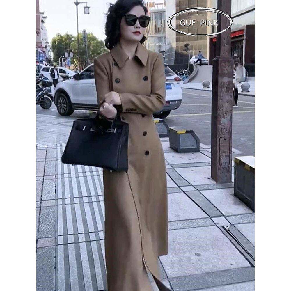 香港欧货双排扣西服大衣外套女长款过膝高级感春秋新款通勤风衣潮