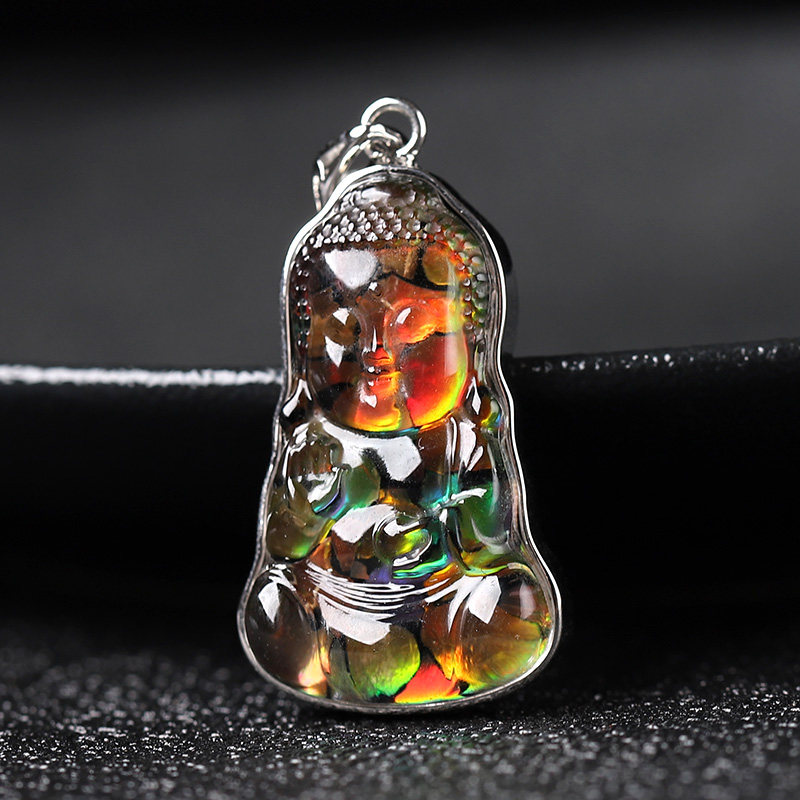 收藏级加拿大斑彩石宝宝佛吊坠925银锁骨项链单坠