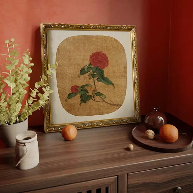 法书式复古山茶花客厅玄关装饰画新中式风中al202311国花餐厅房红