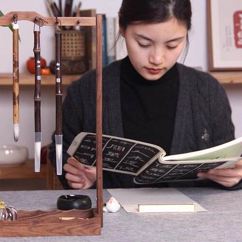 野里花间【小桥流水】檀香木实木笔挂中式毛笔架笔搁文房四宝收纳