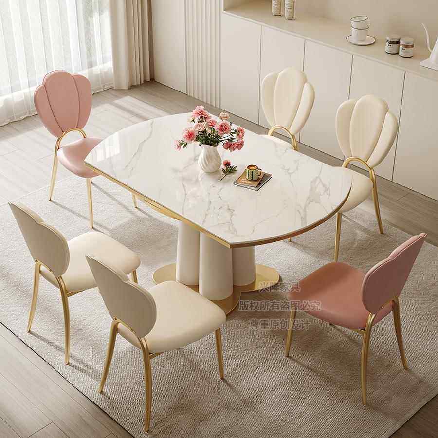 法式奶油风岩板餐桌椅组合现代简约可伸缩折叠方圆两用可变圆桌子,住宅家具,岩板餐桌,淘宝优惠券,粉丝福利购,淘宝优惠卷