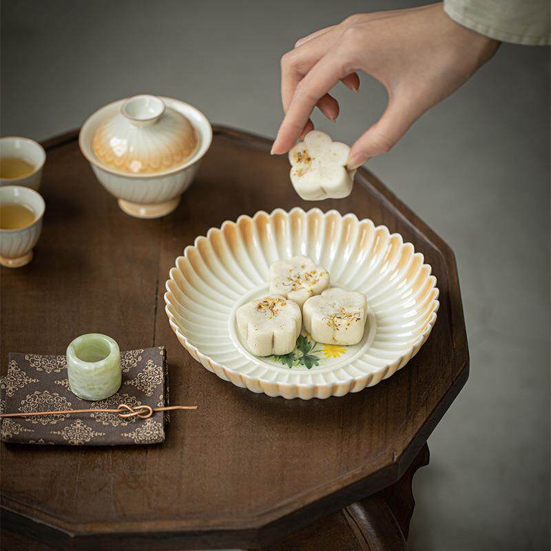 墨己 渐变色花瓣壶承 手绘菊花盖碗茶壶底托 茶道配件多用陶瓷盘