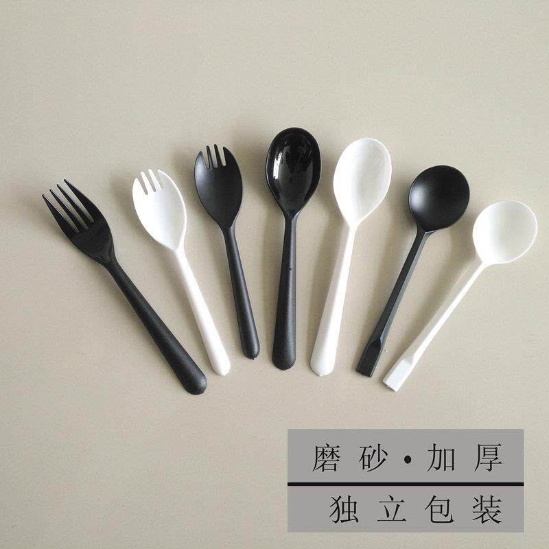 加厚一次性勺子长柄塑料外卖饭勺甜品勺叉勺一体加长加硬独立包装