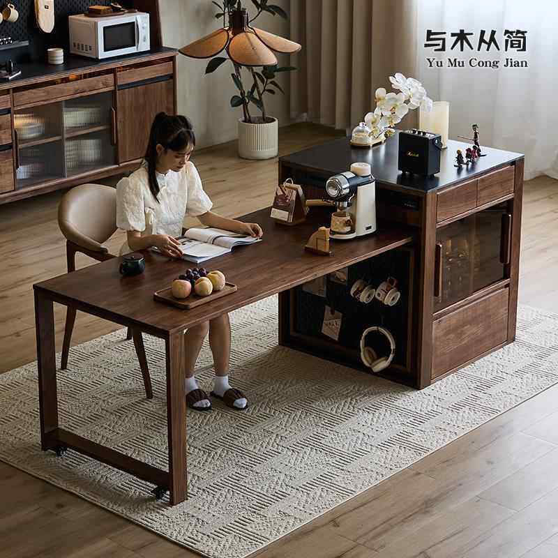 实木岛台黑胡桃木可伸缩餐桌一体多功能窄岛台柜中古风吧台桌定制