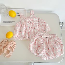 2024夏季婴幼儿童套装可爱粉红蜜桃立体蝴蝶结女宝宝吊带上衣裤子