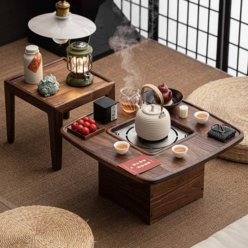 北美胡桃木围炉煮茶茶桌碳炉碳桌烤火炉家用茶室碳炉中式茶桌茶台