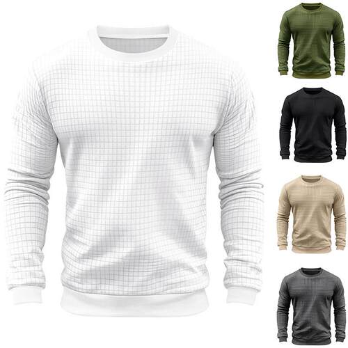 Men's small checkered T-shirt, men's long sleeved round