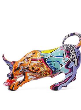 创意水转印炫彩华尔街牛摆件工艺品树脂家居客厅玄关桌面装饰