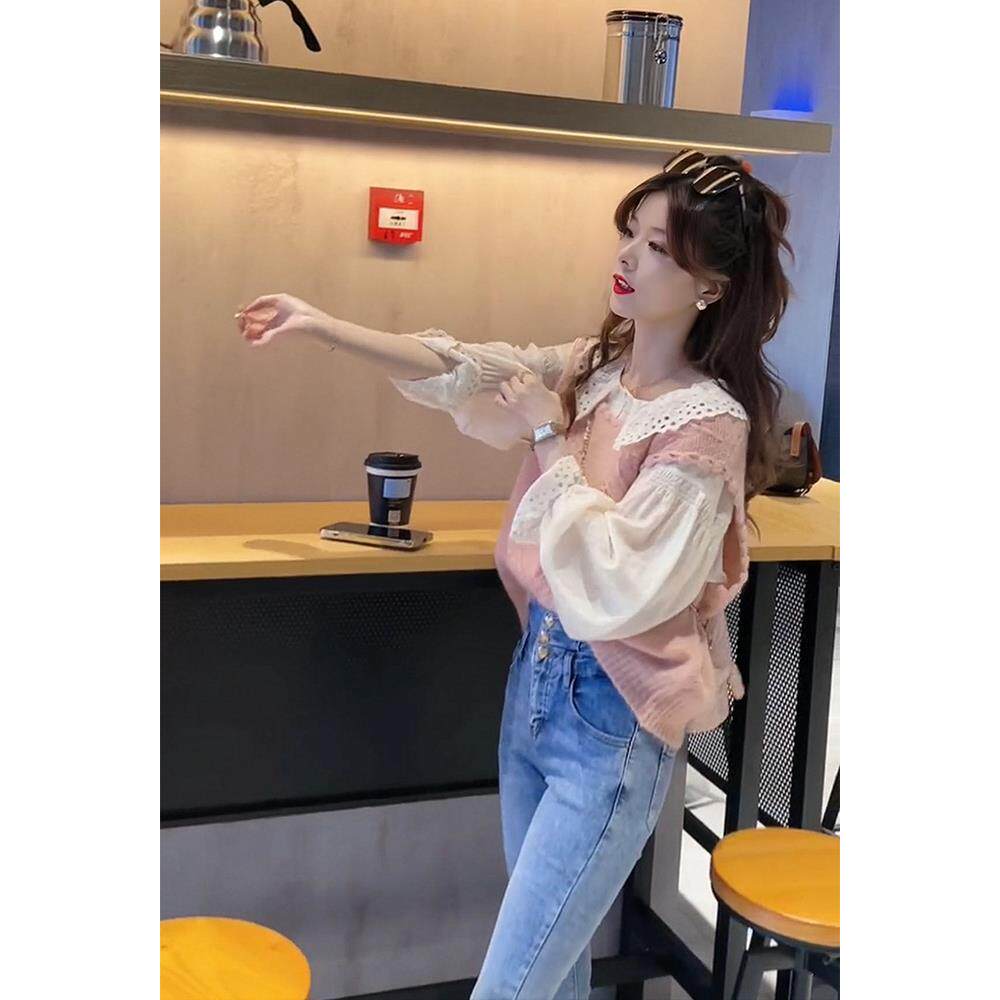 春季成套搭配一整套设计感蕾丝翻领衬衫上衣女粉色针织马甲两件套