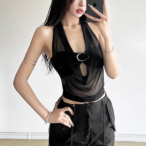 Women ' s Backless Transparent Mesh Top , Metal Ring Texture