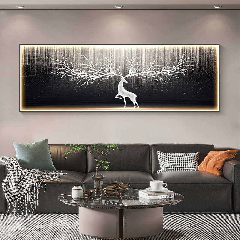 现代轻奢客厅装饰画一整幅横版led灯画发光沙发背景墙挂画鹿壁画