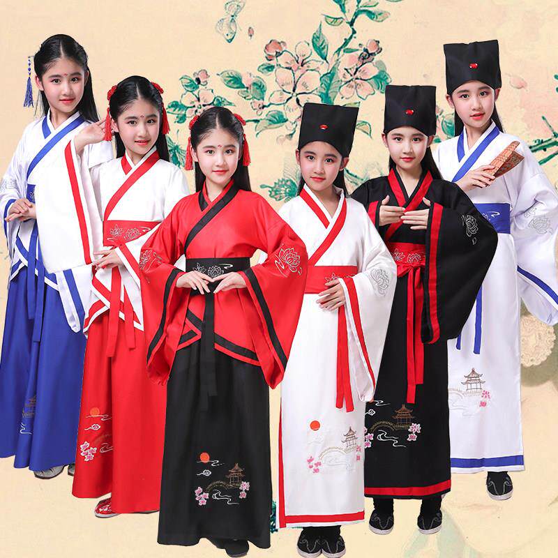 儿童书法礼仪文化服装开笔礼幼儿汉服国学表演男女童古装改良曲裾