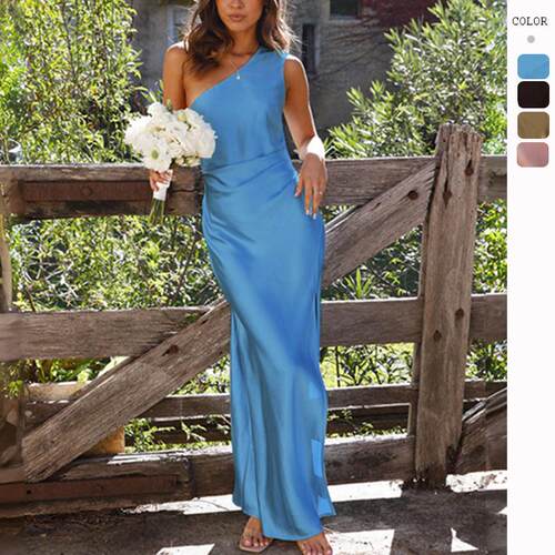 Single shoulder style slit satin dress for women