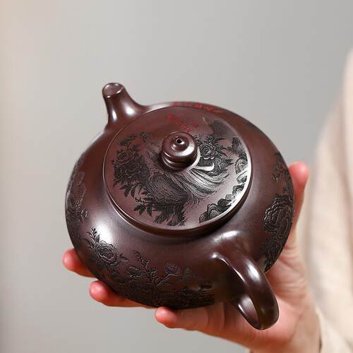 宜兴全手工原矿石红紫砂壶500cc大容量 锦绣寒江茶壶通身满刻茶具