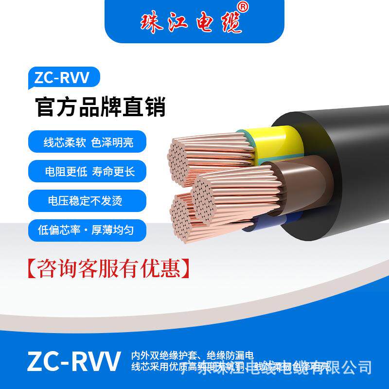 广东珠江电缆2芯RVV0.5-4黑护套阻燃铜芯电线家装工程软电源线