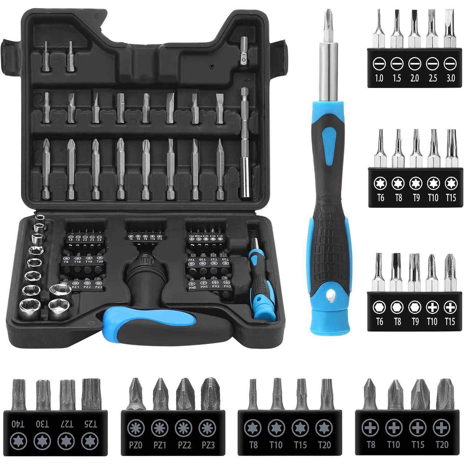 热销63件套棘轮扳手多功能螺丝刀一字十字梅花六角手柄铬钒钢材质