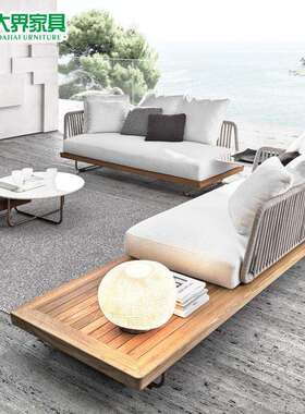 户外藤编沙发庭院柚木三人沙发椅民宿藤椅防晒转角弧形售楼部