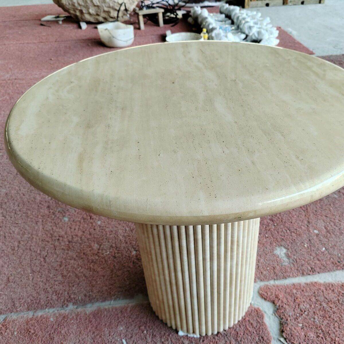 云浮圆形天然大理石茶几餐桌米黄洞石奶油风客厅简约洞石餐桌边几