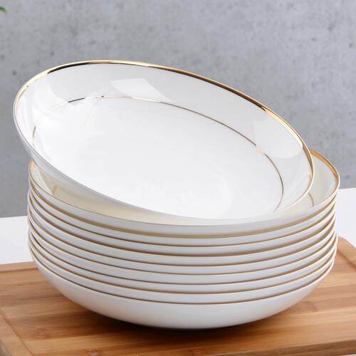 金边盘子菜盘家用套装骨瓷餐具组合陶瓷简约8寸深盘饭盘金边盘