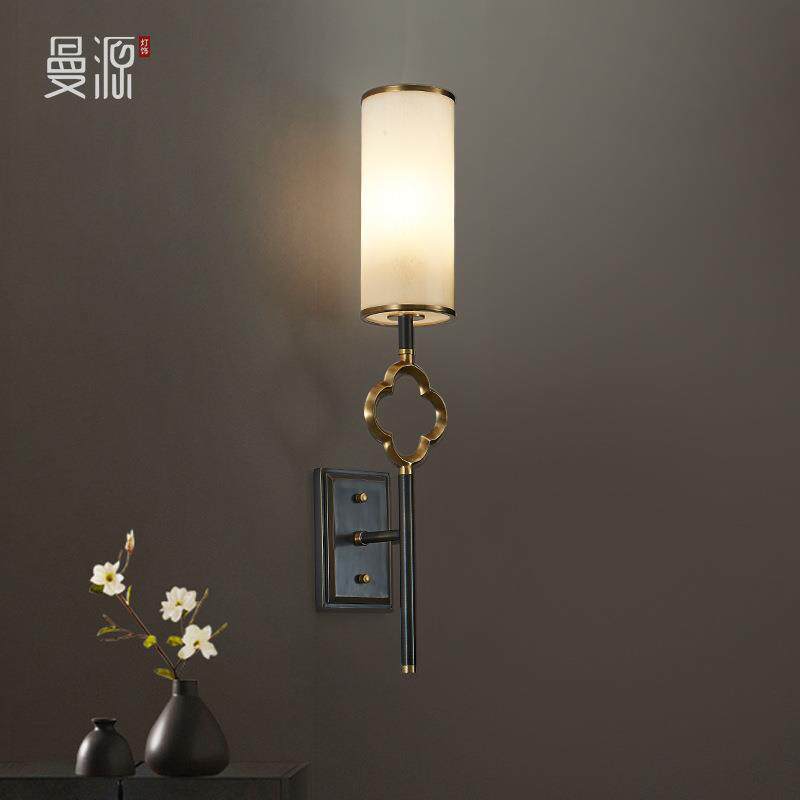 曼源 新中式现代简约玄关过道阳台壁灯简中式黑擦金单头全铜壁灯
