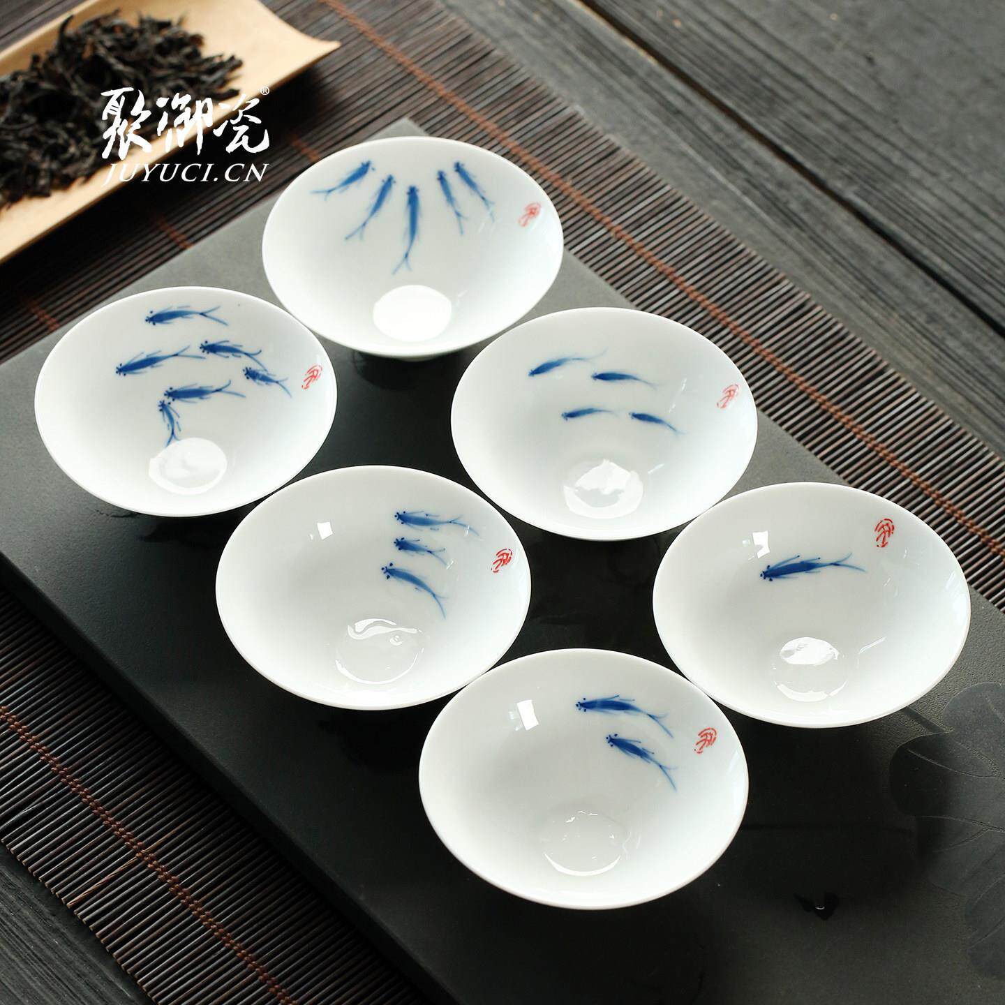 青花釉下手绘小鱼斗笠杯6个 中式品茗茶杯子套装斗茶功夫茶具陶瓷