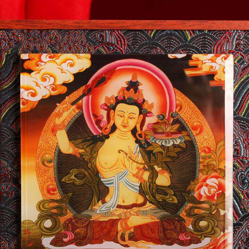 藏式文殊菩萨布艺实木玻璃相框摆件挂画装饰画家用十相自在唐卡图