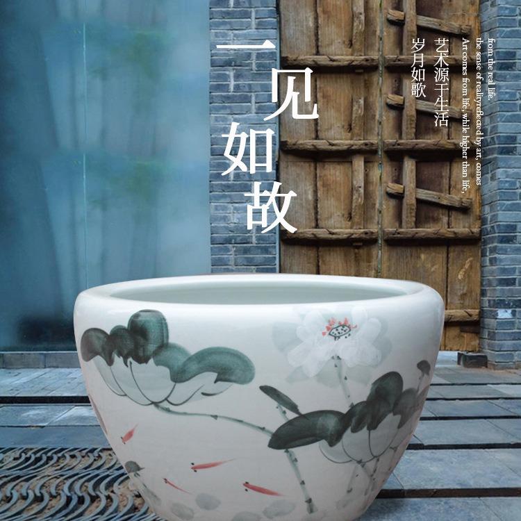 景德镇陶瓷鱼缸创意手绘荷花水缸大号陶瓷乌龟缸中式家居陶瓷摆件