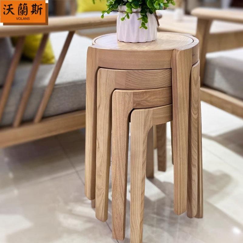 纯实木可叠放餐凳现代简约家用圆凳茶室凳子餐厅整装风车凳