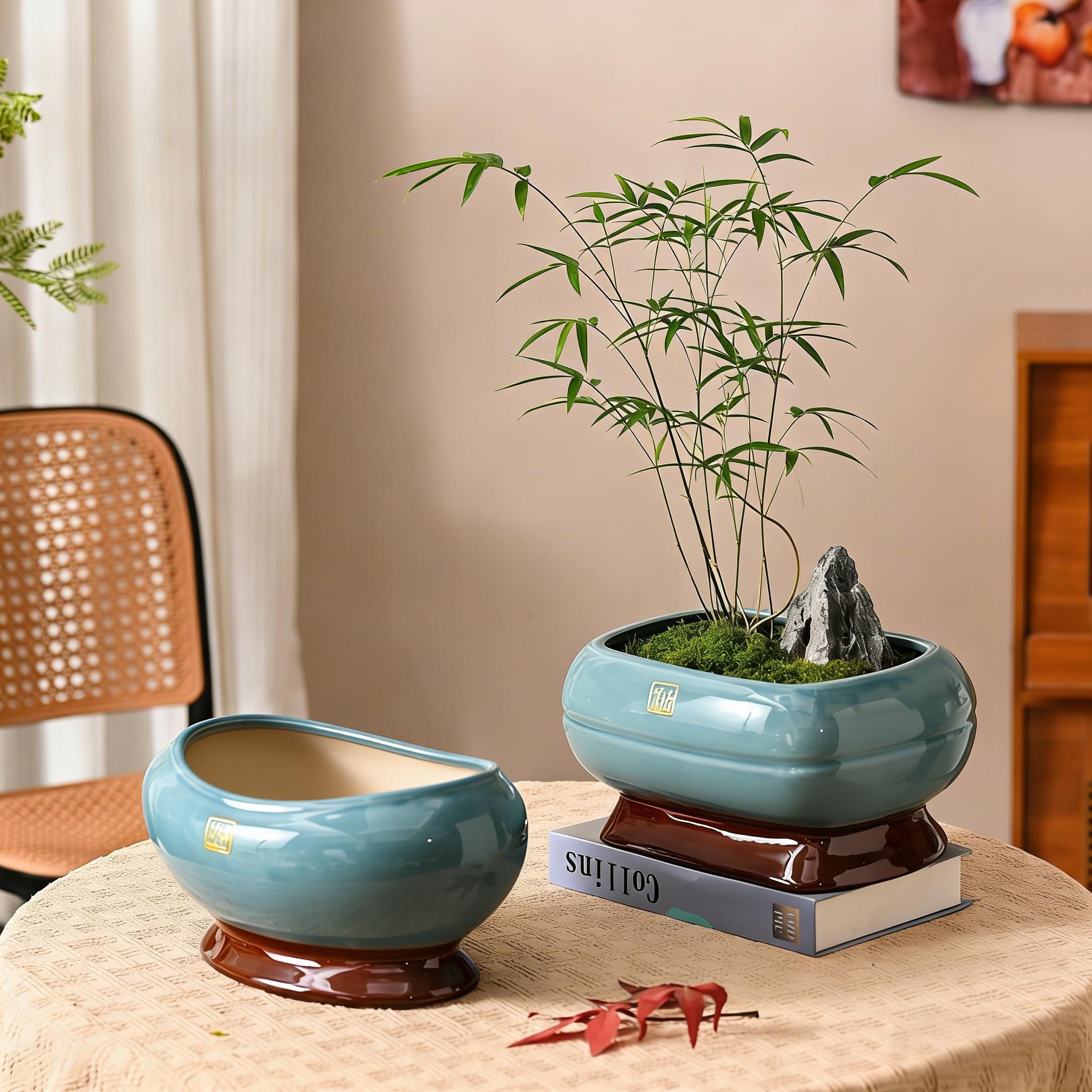 新中式陶瓷花盆家用大号口径椭圆形兰花发财树小叶簕竹专用盆景盆