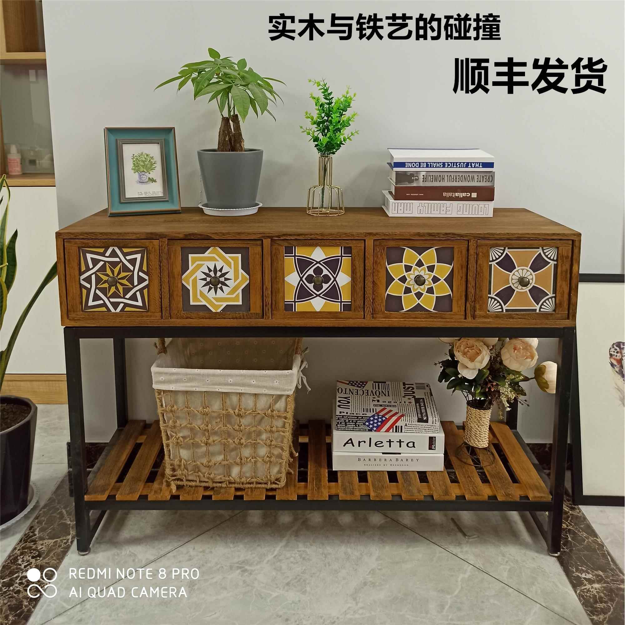 3Y复古铁艺置物架彩绘斗柜客厅玄关柜小户型电视柜卧室收纳阳台柜