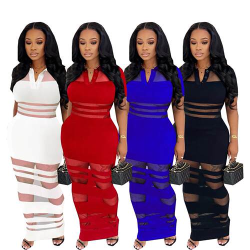 Women Fashionable Mesh Patchwork Dress Sleeve Slim Fitting