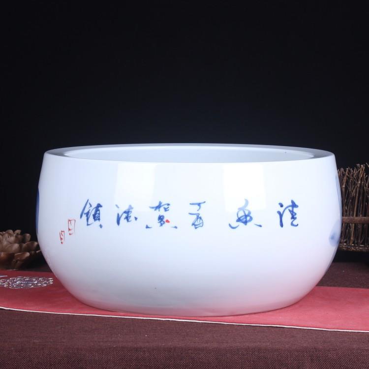 景德镇陶瓷鱼缸大号手绘青花瓷荷花聚宝盆水培植物缸摆件