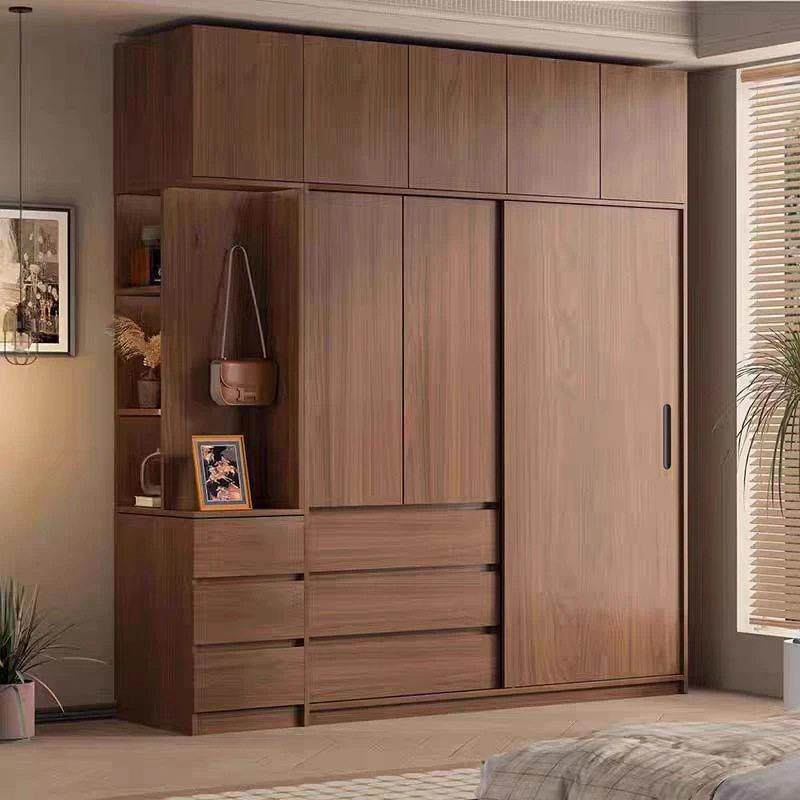 实木橡木衣柜拉门家用卧室北欧纯胡桃色移门全原木挂式衣橱家俱