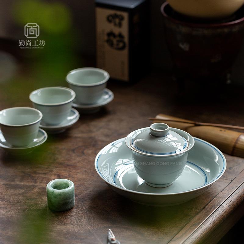 仿古青釉手绘玄纹壶承陶瓷茶道配件干泡盘盖碗底托家用茶点盘果盘