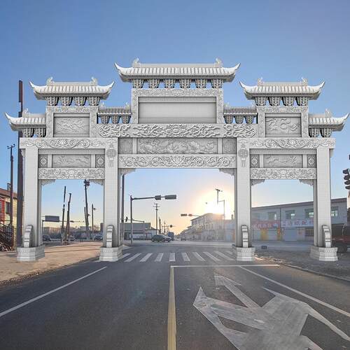 大型石牌坊石雕村口景区三门大型石牌坊多种造型中式石雕牌楼门楼