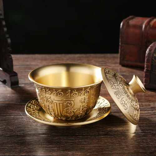 黄铜百福茶碗三件套供奉供水杯茶盏客厅古典家居茶具古玩铜器摆件