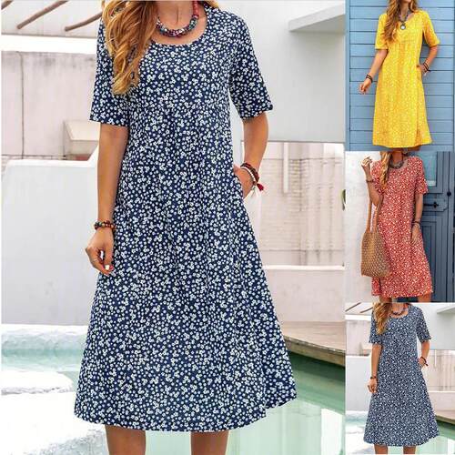 Printed floral neck pocket short sleeved mid length shirt