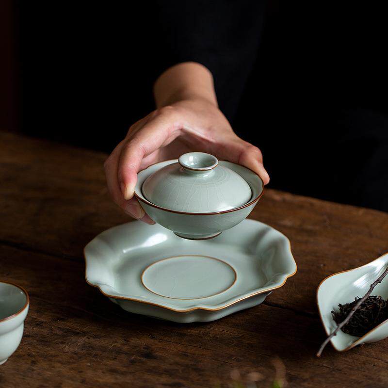 天青汝窑壶承干泡盘开片可养茶壶托盖碗托水果盘茶点盘陶瓷茶承