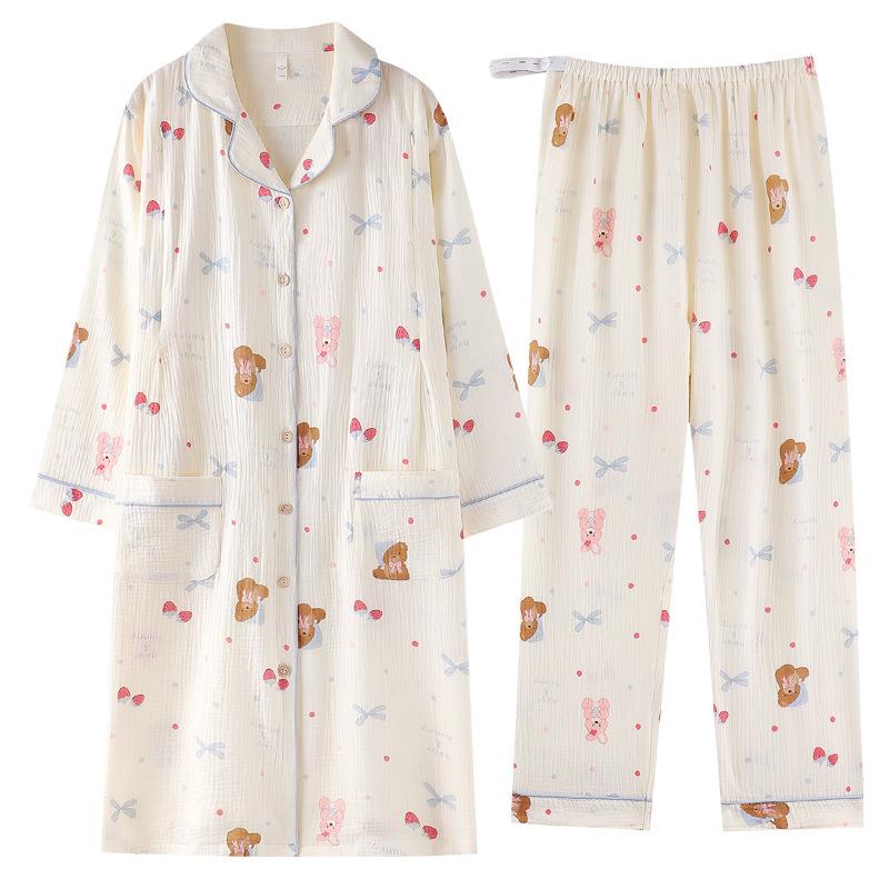 纯棉哺乳睡衣双层纱布产妇开衫套装长款夏季待产裙月子服a类薄款