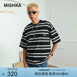 潘易泽同款mishka大眼球潮牌2023夏季男士细条纹，字母短袖t恤