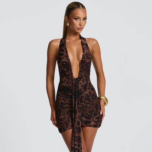 New Womens Sexy Chic Deep V Backless Halter Dress Leopard